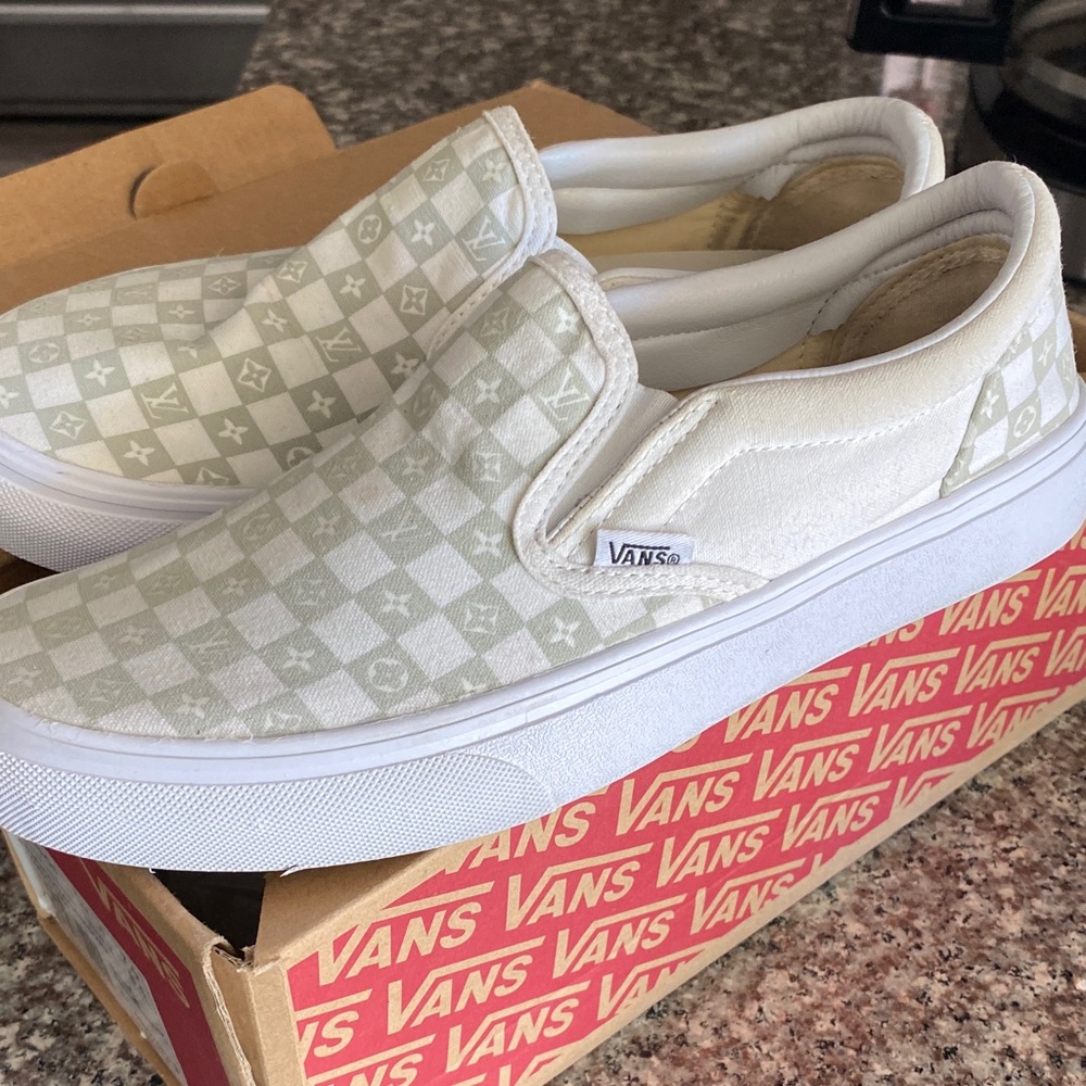 Vans gray and White Checkered Slip-On Sneakers LV design custom